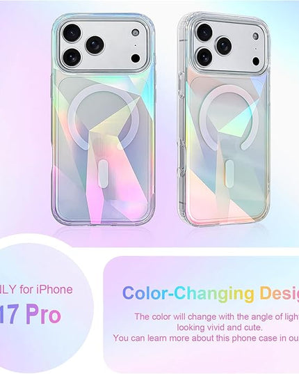 Cute Case for iPhone 17 Pro Case for Women Girls [ Compatible with Magsafe ] Clear Glitter Girly Aesthetic Rainbow Sparkly Bling Magnetic Phone Cover, Iridescent Geometry