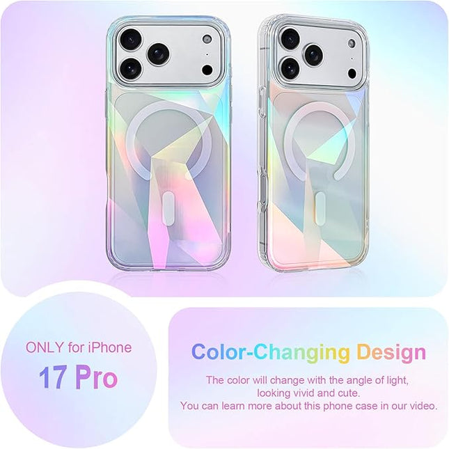 Cute Case for iPhone 17 Pro Case for Women Girls [ Compatible with Magsafe ] Clear Glitter Girly Aesthetic Rainbow Sparkly Bling Magnetic Phone Cover, Iridescent Geometry