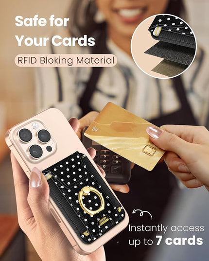 Shorogyt Compatible with Magsafe Wallet with Ring Grip Magnetic Card Holder - Cute Phone Wallets with Stand for iPhone 17/16/15/14/13/12 Series for Women Girls Polka Dot Design, Fit 7 Cards