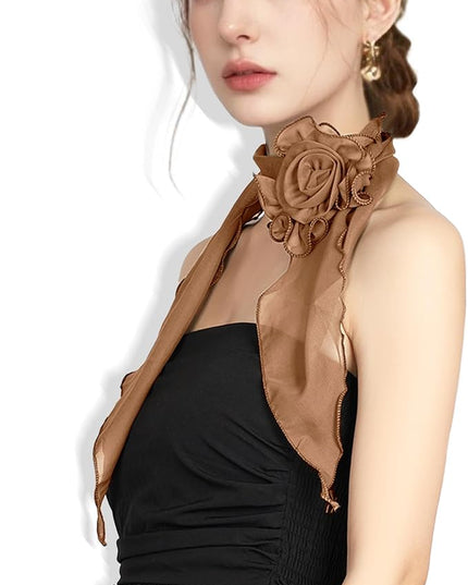 Chiffon Scarf for Women, Removable Flower Neck Scarf Light Soft Fashion Rose Scarves Versatile Headband or Hair Band