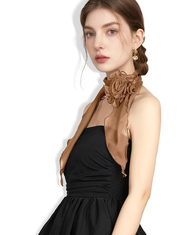 Chiffon Scarf for Women, Removable Flower Neck Scarf Light Soft Fashion Rose Scarves Versatile Headband or Hair Band