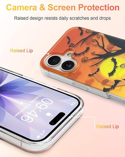 Halloween Case for iPhone 17 Case [ Compatible with Magsafe ] Holographic Orange Sky with Black Castle, Bats, Ghosts and Pumpkins Pattern Design, Creative Magnetic Protective Phone Cover