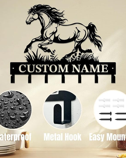 Personalized Custom Name Farm Horse Wall Key Hooks,Metal Horse Art Clothes Hooks,Metal Horse Wall Home Storage Decorative,For Front Door, Hallway, Kitchen, Bedroom,Keys,Hats (Style E)