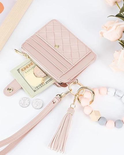 Keychain Wallet with Bracelet RFID Blocking Wristlet Credit Purse Card Holder, Silicone Bead Tassel Key Ring for Women