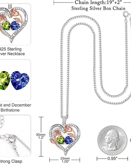 Iefil Christmas Gifts for Women Wife - 925 Sterling Silver Rose Heart Birthstone Necklace Birthday Anniversary Jewelry Gifts for Her Wife Mom Daughter