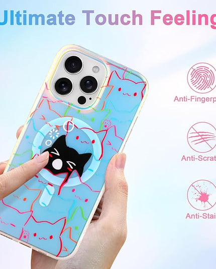 Cute Case for iPhone 16 Pro Case for Women Girls Boys [ Compatible with Magsafe ] Iridescent and Black Cats Cat Pattern Design, Kawaii Colorful Animal Soft Bumper Protective Phone Cover
