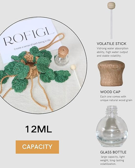 Cute Crochet Car Plant Monstera Essential Oil Diffuser Bottle - 12ml Refillable, Green Car Accessory for Mirror Decor and Home Decor