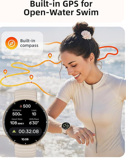 Parsonver Smart Watch for Swimming, 5ATM Waterproof Watch for Pool & Open Water, AI Swim Analysis, Built-in GPS & Compass, AMOLED Fitness Tracker 100+ Sport Mode, Heart Rate Sleep Monitor, French Grey