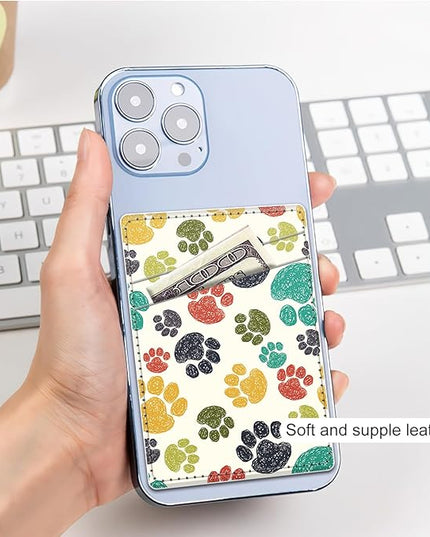 Phone Card Holder, Dual Pocket Leather Wallet Adhesive Stick On, Cute Credit Card Holder for Smartphones Case Compatible with Most Phone（Animal footprints）