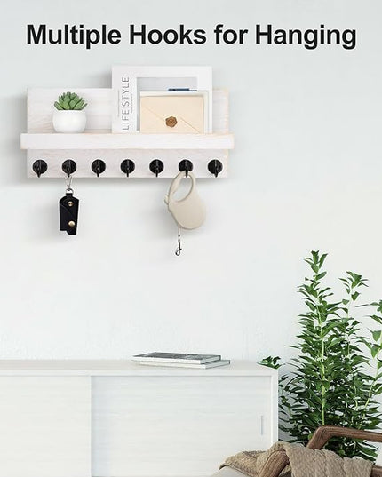 Lwenki Key Holder Wall Mount, Entryway Key and Mail Holder with 7 Sturdy Hooks for Sunglasses, Dog Leash, Decorative Wall Shelf with Mounting Hardware, 15”W x 6.7”H x 4.2”D