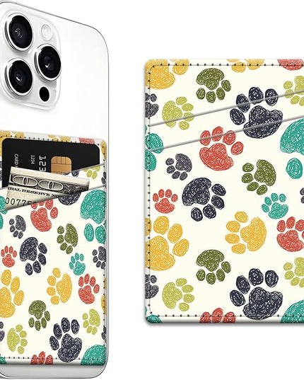 Phone Card Holder, Dual Pocket Leather Wallet Adhesive Stick On, Cute Credit Card Holder for Smartphones Case Compatible with Most Phone（Animal footprints）