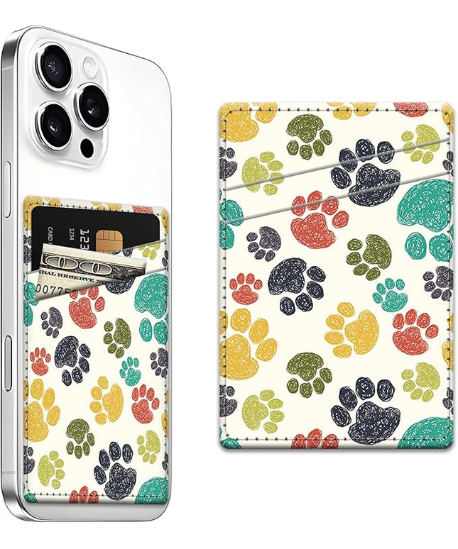 Phone Card Holder, Dual Pocket Leather Wallet Adhesive Stick On, Cute Credit Card Holder for Smartphones Case Compatible with Most Phone（Animal footprints）