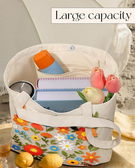 Embroidery Canvas Tote Bag for Women - Reusable Totes with Pocket & Buckle Aesthetic Cute Grocery Shoulder Bag