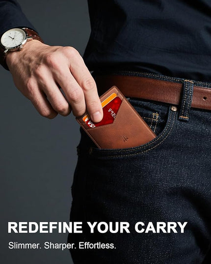 Ruiici Wallet for Men, Slim Minimalist Wallet with Money Clip＆ID Window, RFID Blocking Pop-Up Credit Card Holder, Smart Auminum Mens Wallet Holds 9-13 Cards (Gift Box) (Red Brown)