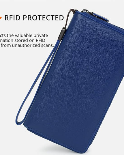 Bveyzi Women RFID Blocking Wallet Leather Zip Around Phone Clutch Large Capacity Ladies Travel Purse Wristlet | RFID Blocking, Zip Around, Large Capacity
