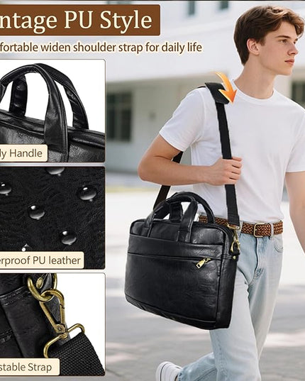 Faux Leather Messenger Bag for Men 15.6 Inch: Laptop Bag Briefcase Computer Handbags Shoulder Crossbody Bag with Padded Laptop Sleeve for Work College Travel, PU Black