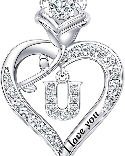 Rose Heart Pendant Necklace Gifts for Wife, Engraved 'I love you' Gift for Wife Girlfriend, Anniversary Birthday Eternity Jewelry Present for Women, Moissanite Necklace Gift for Her