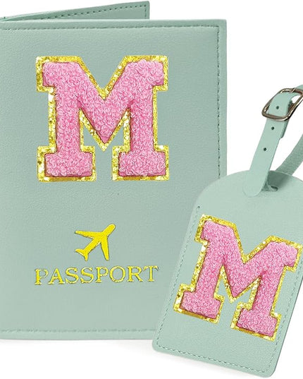 COSHAYSOO Initial Passport Cover Luggage Tag Set Letter Passport Holder Airplane Cruise Travel Essentials Vacation Traveling Accessories Personalized Gifts for Women Teen College Girls Teal M