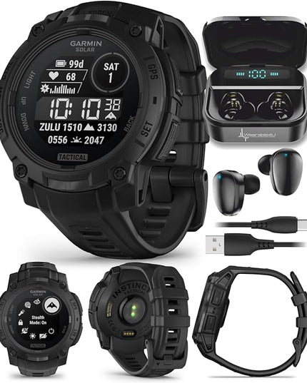 Wearable4U Garmin Instinct 3 Tactical Edition, Solar Charging Display, 45mm, Rugged Outdoor GPS Smartwatch, Applied Ballistics Support, LED Flashlight, Multi-Band GPS Black Earbuds Bundle