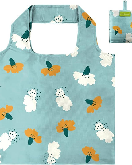 BeeGreen Cute Carnation Cyan Gift for Women Reusable Shopping Bags Large Shopping Basket for Groceries Foldable Gift Bag Grocery Organizer with Handles Tote Bulk Cloth Heavy Duty Washable Packable