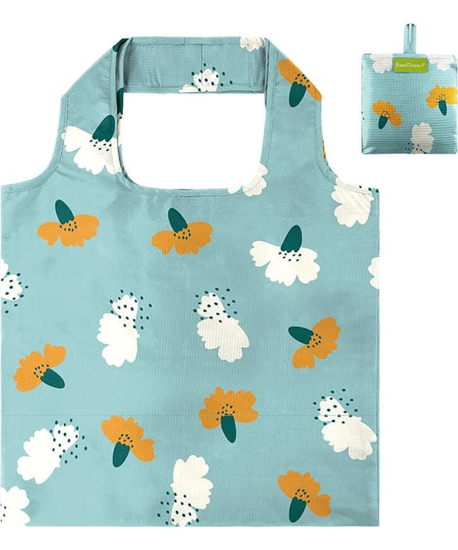 BeeGreen Cute Carnation Cyan Gift for Women Reusable Shopping Bags Large Shopping Basket for Groceries Foldable Gift Bag Grocery Organizer with Handles Tote Bulk Cloth Heavy Duty Washable Packable