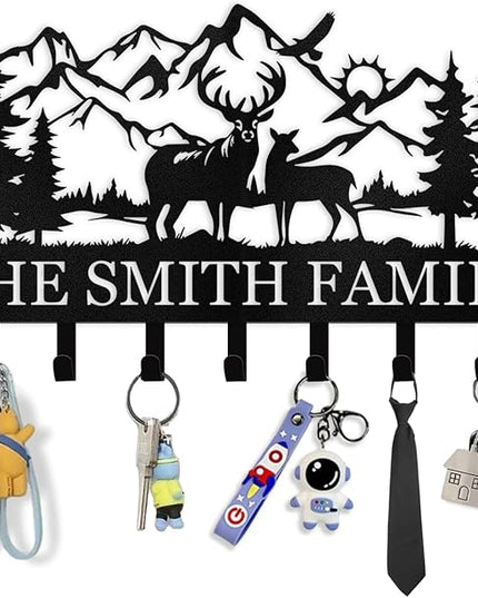 Personalized Key Holder for Wall - Custom Name Forest Deer Coat Rack Mount With Hooks, Metal Key Holder Decor, Key Hanger for Bedroom Kitchen Office