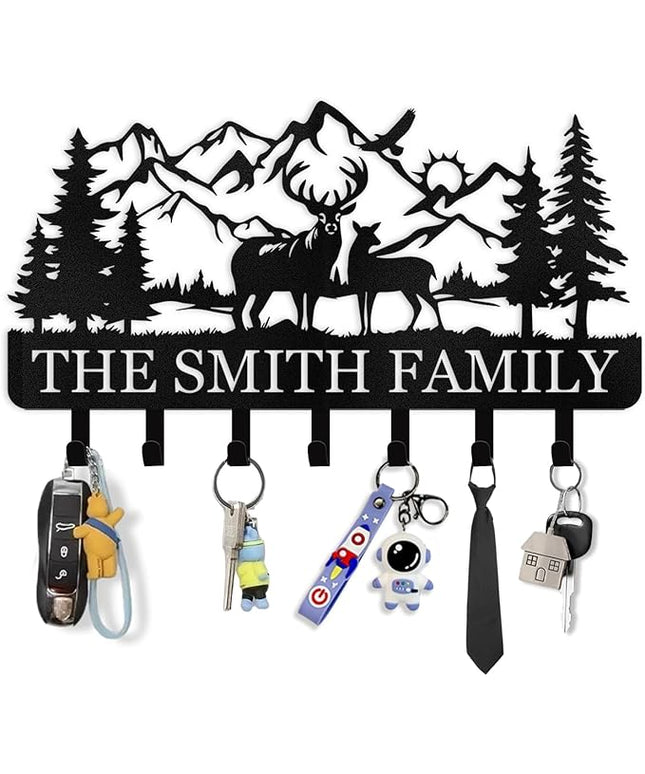 Personalized Key Holder for Wall - Custom Name Forest Deer Coat Rack Mount With Hooks, Metal Key Holder Decor, Key Hanger for Bedroom Kitchen Office