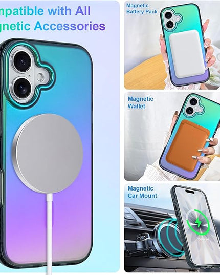 Aesthetic Case for iPhone 17 Case for Women Girls [Compatible with Magsafe] Cute Girly Trendy Glitter Sparkly Rainbow Magnetic Protective Phone Cover, Matte Iridescent Blue & Green