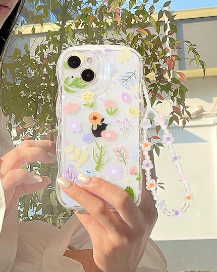for iPhone 14 pro max Case Clear Cute Flower Floral with Wave Border for Girls Women Pattern Shockproof Protective Girly-Colorful Floral