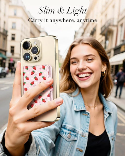 Shorogyt for Magnetic Phone Wallet Compatible with Magsafe Card Holder -Cute Luxury Slim Leather Mag Wallets for Women Fit 4 Cards,for iPhone 17/16/15/14/13/12 Series for Apple RFID Magnet, Strawberry