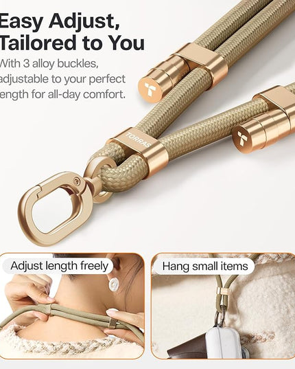 TORRAS Phone Lanyard Crossbody with 2 Phone Tabs, Adjustable Anti Theft Phone Strap for iPhone 17 Pro Max, Premium Metal Buckles, Universal Cell Phone Neck lanyard for Women and Men, Khaki