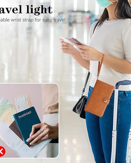 Passport Holder for Travel Essentials, RFID Blocking PU Leather Wallet Cover with Wristlet Strap Magnetic Closure Passport Book Holders Case for Women and Men, Brown