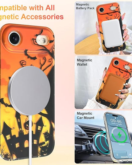 Halloween Case for iPhone Air Case [ Compatible with Magsafe ] Holographic Orange Sky with Black Castle, Bats, Ghosts and Pumpkins Pattern Design, Creative Magnetic Protective Phone Cover