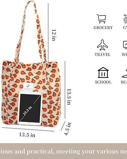 Corduroy Tote Bag Cute Tote Bags for Women Shoulder Bag with Inner Pocket for Work Beach Travel and Shopping Grocery