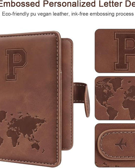 Passport Holder Cover Personalized Initial Letter A-Z Travel Wallet RFID Blocking Passport Cover Passport Book Holders for Women and Men, Brown-P