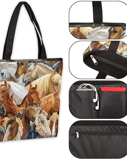 Pardick Watercolor Horse Print Canvas Tote Bag, Eco Friendly Reusable Grocery Shopping Bags Beach Bag Book Tote Handbags Washable Shoulder Bag With Zipper Inner Pocket for Women Girls