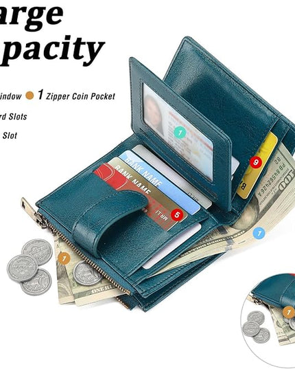 GAEKEAO Small Wallet for Women, Bifold Leather RFID Blocking Ladies Compact Card Holder with Zipper Pocket & ID Window