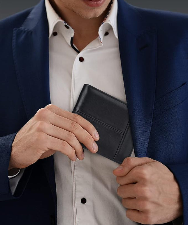 Swallowmall Leather Wallet for Mens Genuine Leather RFID Blocking Bifold Wallets with 1 ID Window 15 Card Slots