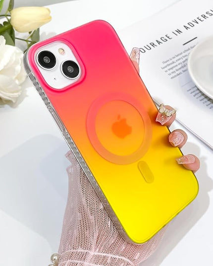 Aesthetic Case for iPhone 15 Case for Women Girls, Compatible with Magsafe, Cute Girly Trendy Glitter Sparkly Rainbow Magnetic Protective Phone Cover, Matte Iridescent Red & Yellow