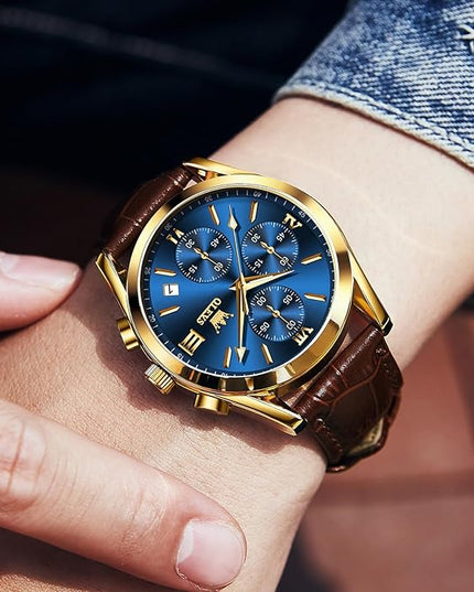 OLEVS Men's Chronograph Leather Watch, Big Face Easy to Read Analog Quartz Dress Watch, Casual Waterproof Luminous Hands Date Watches for Men, White/Blue/Black/Gold Dial