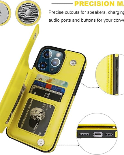 ONETOP Compatible with iPhone 13 Pro Max Wallet Case with Card Holder,PU Leather Kickstand Card Slots Case, Double Magnetic Clasp and Durable Shockproof Cover 6.7 Inch(Yellow)