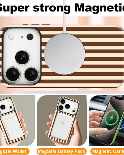 Magnetic for iPhone 17 Pro Max Case Cute Stripes Phone Case, Shockproof Slim TPU and Hard PC Protective Phone Cover Compatible with MagSafe Designed for Women Girls, Brown