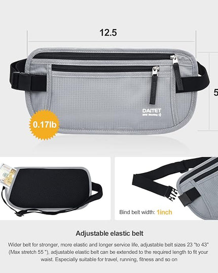 RFID Blocking Money Belt for Men Women, Slim Fanny Pack for Travel，Running,Conceal Waist Wallet for Passport Holder,Phone,Cash(Light Grey)