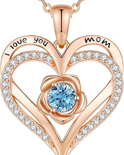 CDE Christmas Gifts for Women S925 Silver Rose Gold Heart Birthstone Necklaces for Women，Ideal Anniversary or Birthday Jewelry Gifts for Wife Girlfriend Her