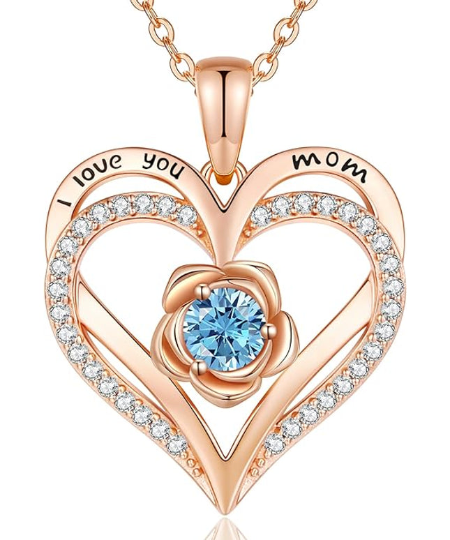 CDE Christmas Gifts for Women S925 Silver Rose Gold Heart Birthstone Necklaces for Women，Ideal Anniversary or Birthday Jewelry Gifts for Wife Girlfriend Her