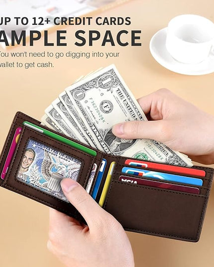 RUNBOX Wallet for Men Slim 11 Credit Card Holder Slots Leather RFID Blocking Small Thin Men's Wallet Bifold Minimalist Front Pocket Large Capacity Gift Box