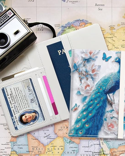 PU Leather Passport Holder Cover 5.9×4.3 Inch with Credit Card Slot and Boarding Pass Slot Combo Blocking Passport Holder Wallet Cover Case for Travel Boarding Essentials (Peacock)
