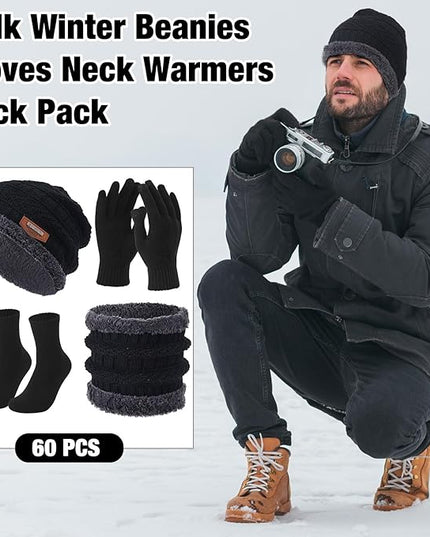 Sureio 60 Pcs Homeless Beanies Hat Scarf Glove Set Bulk Winter Knitted Beanies Gloves Scarf Socks for Homeless Care Package