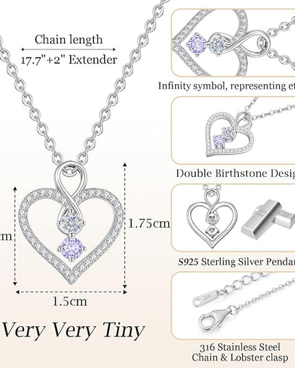 LOUISA SECRET Infinity Double Birthstone Necklace, 925 Sterling Silver Tiny Pendant Heart Necklace for Women Wife Her, Best Jewelry Gift Heart Jewelry Meaningful Gift for Valentine's Day, Christmas, Birthday Anniversary