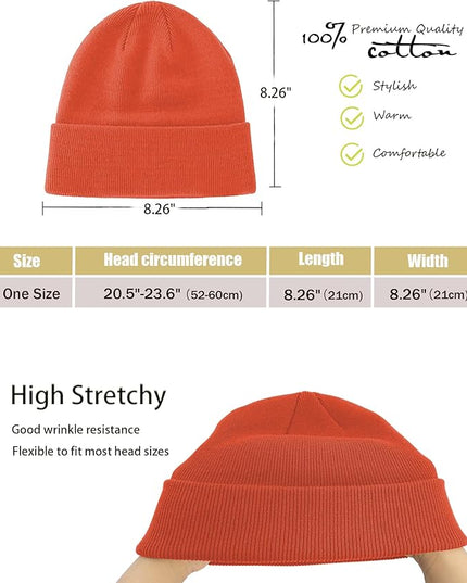 100% Cotton Beanie Hat- Unisex Ultra Soft Winter Warm Stretch Knit Cuffed Hats Fisherman Beanies Skull Cap